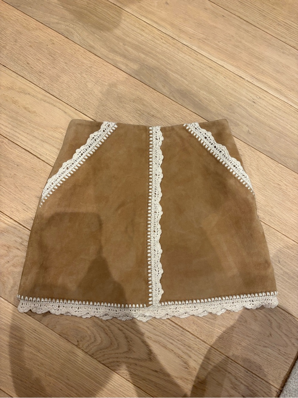 Maje Tan Suede Mini Skirt with Cream Crochet Lace Trim